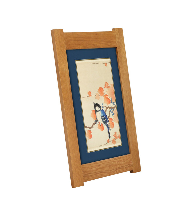 Arts &amp; Crafts Mission Oak Framed Art with Blue Jay in Autumn Blossom