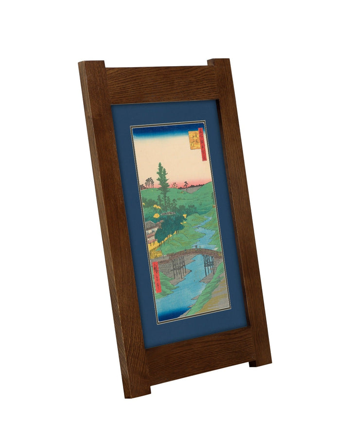 Arts &amp; Crafts Mission Oak Framed Art with Serene River Landscape Walnut finish