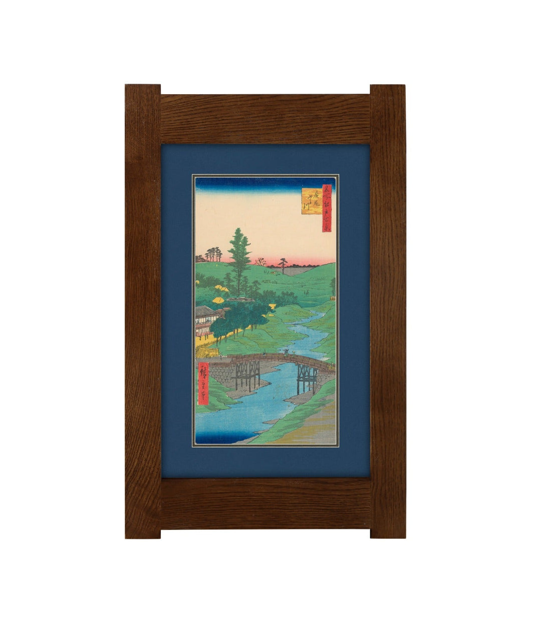 Arts &amp; Crafts Mission Oak Framed Art with Serene River Landscape Walnut finish