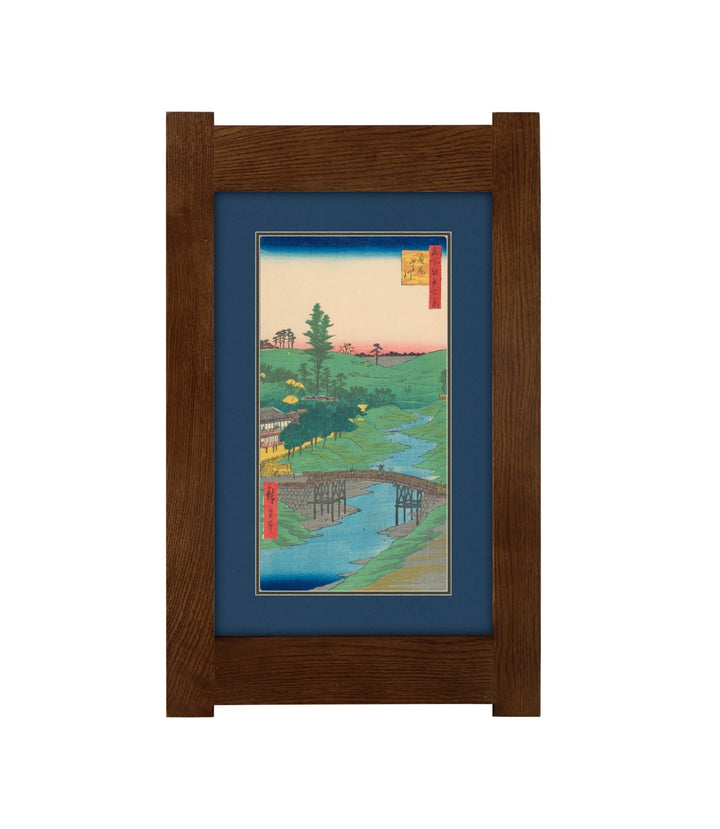 Arts &amp; Crafts Mission Oak Framed Art with Serene River Landscape Walnut finish