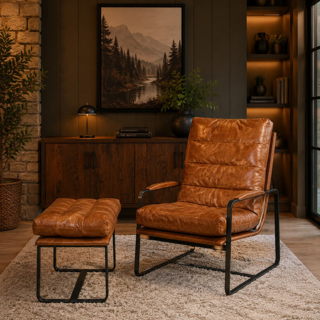 NEW! Prima Classe Rustic Modern Chair and Ottoman Set - Light Brown Leather