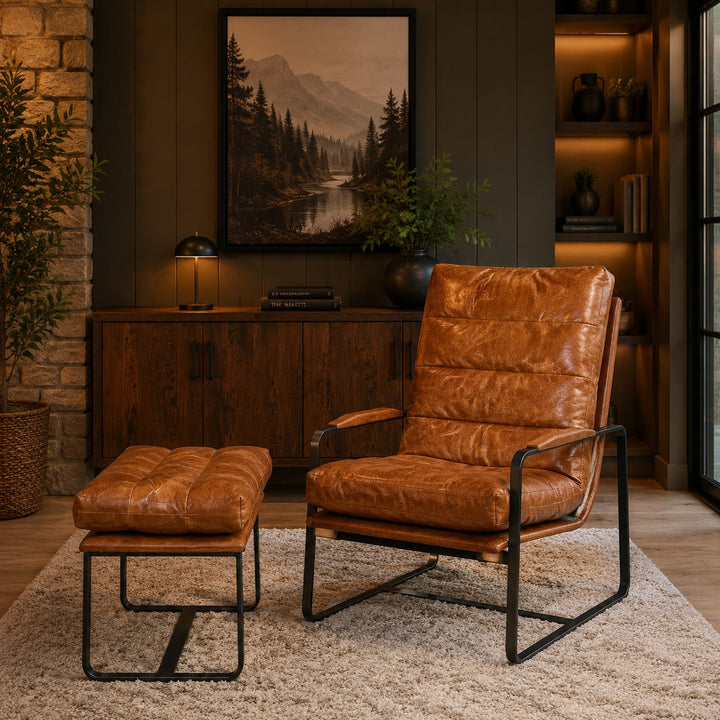 NEW! Prima Classe Rustic Modern Chair and Ottoman Set - Light Brown Leather