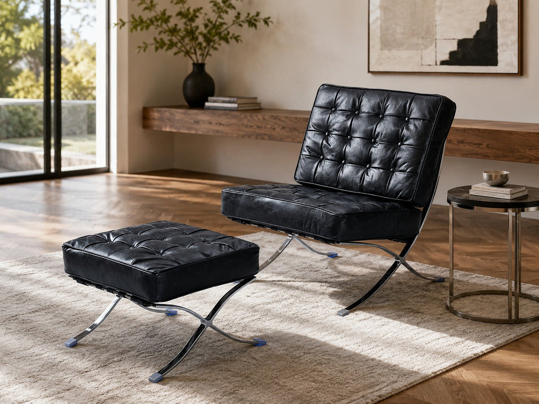 Francisco Modern Curule Style Chair and Ottoman Set - Brown Leather