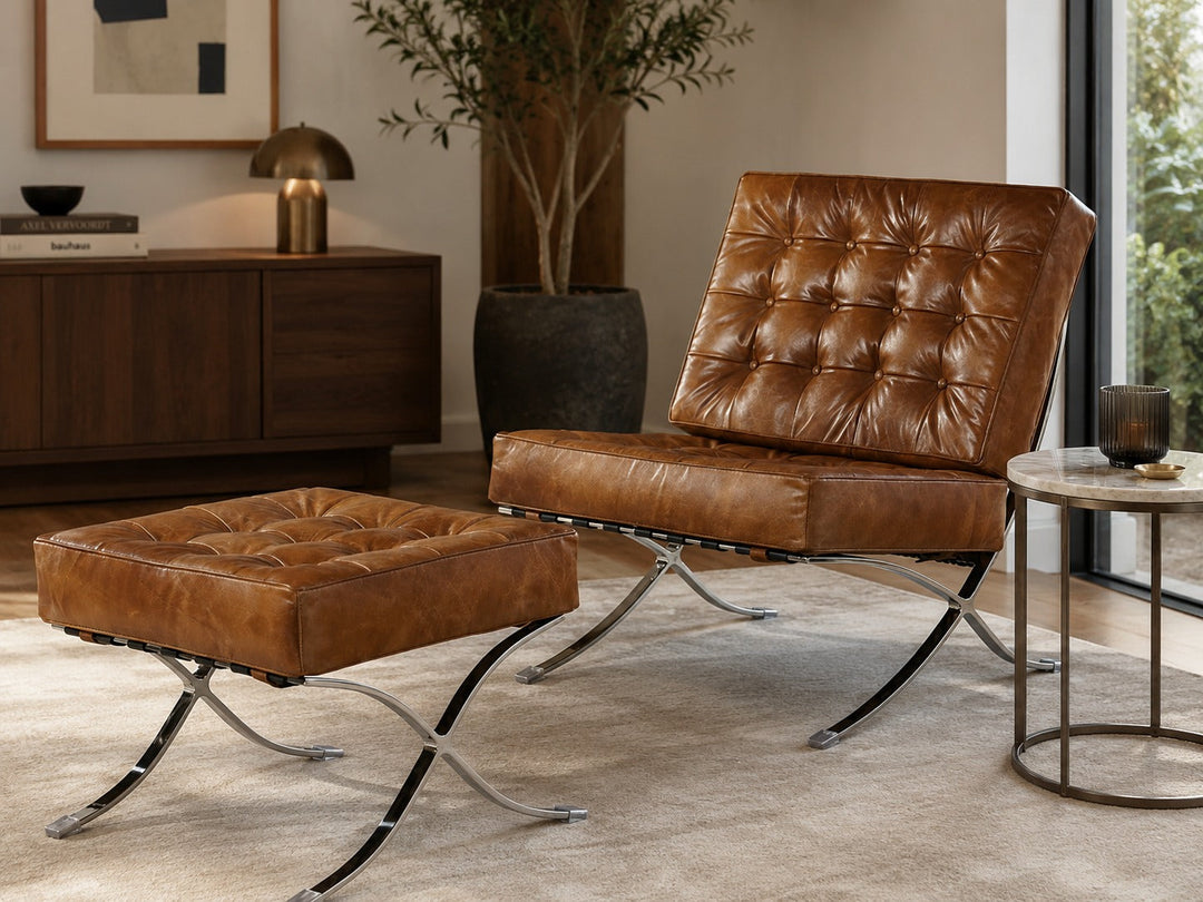 Francisco Modern Curule Style Chair and Ottoman Set - Brown Leather