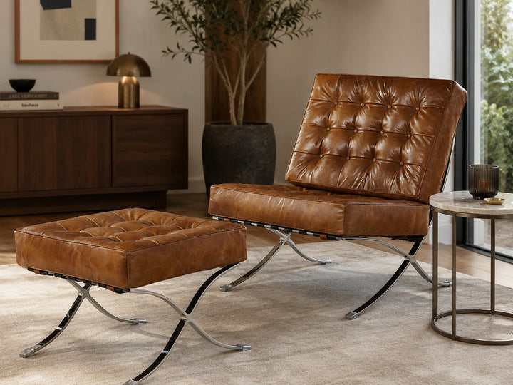 Francisco Modern Curule Style Chair and Ottoman Set - Brown Leather