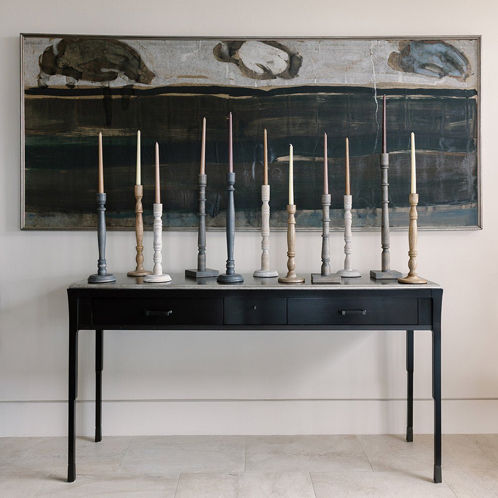 Tapered Candle Holder, Grey Wood Table Mantel Decor Home Accent