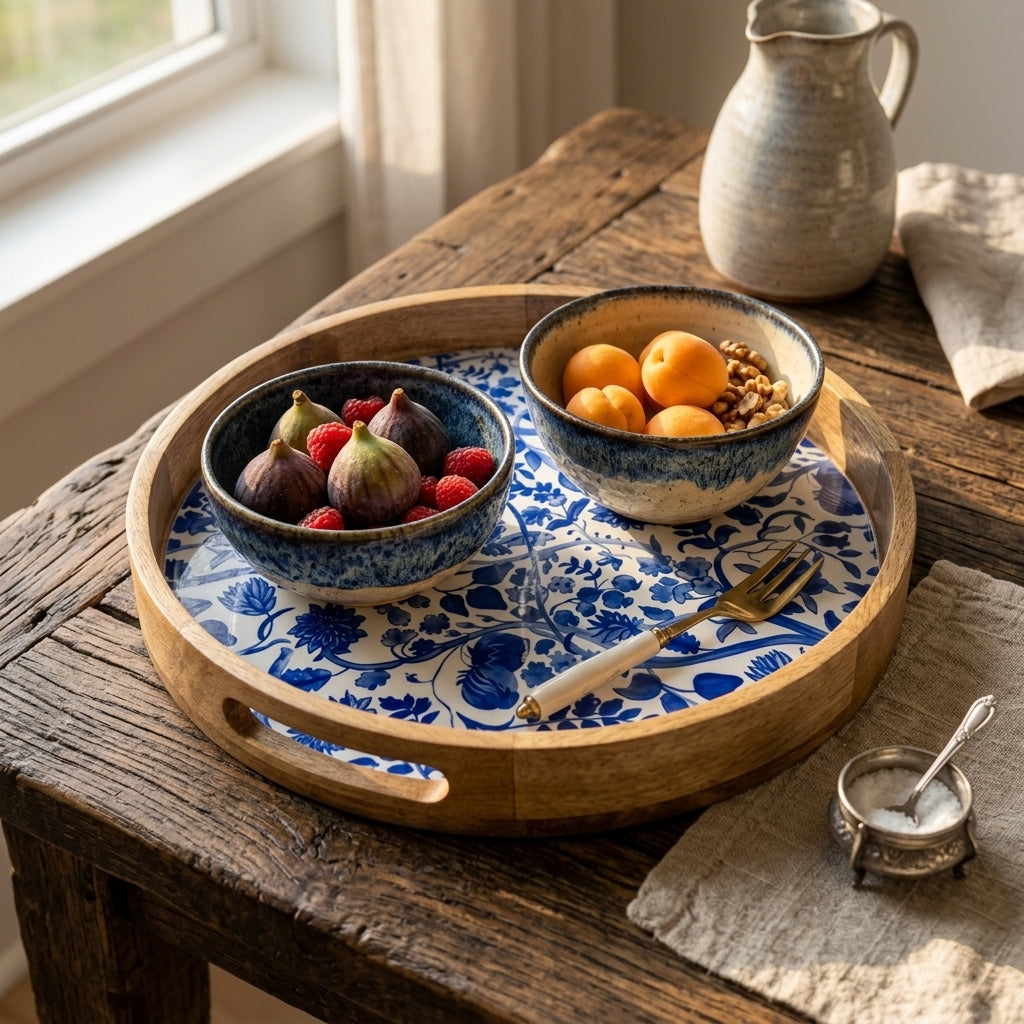 House of Avana Round Blue Mango Wood Serving Tray