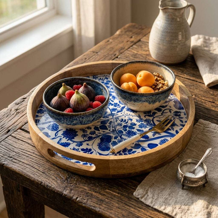 Round Blue Mango Wood Serving Tray