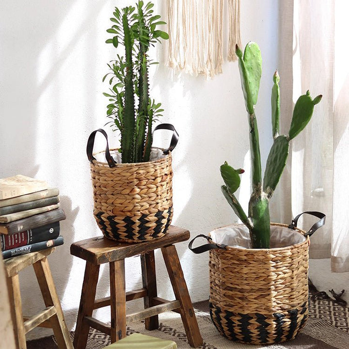 Two-Tone Basket Planter with Leather Handles