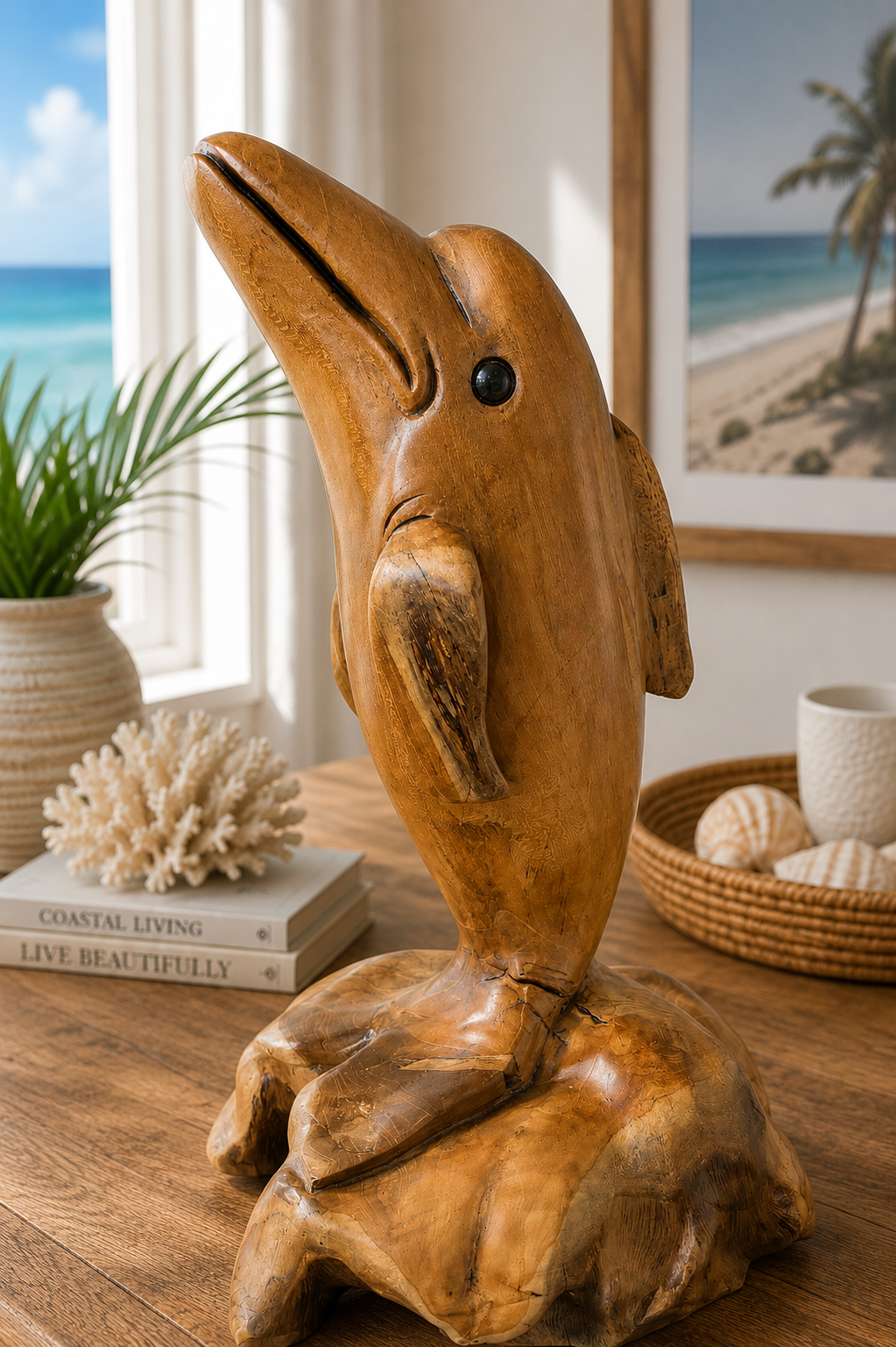 Hand Carved Teak Wood Dolphin Sculpture | Balinese Coastal Decor