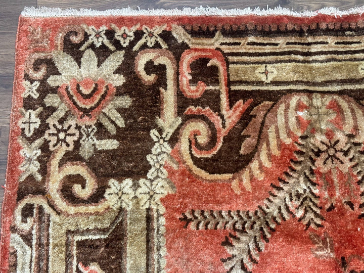 Khotan Rug 5x9, Terracotta and Brown, Floral, Chinese Wool Carpet, Antique Rug