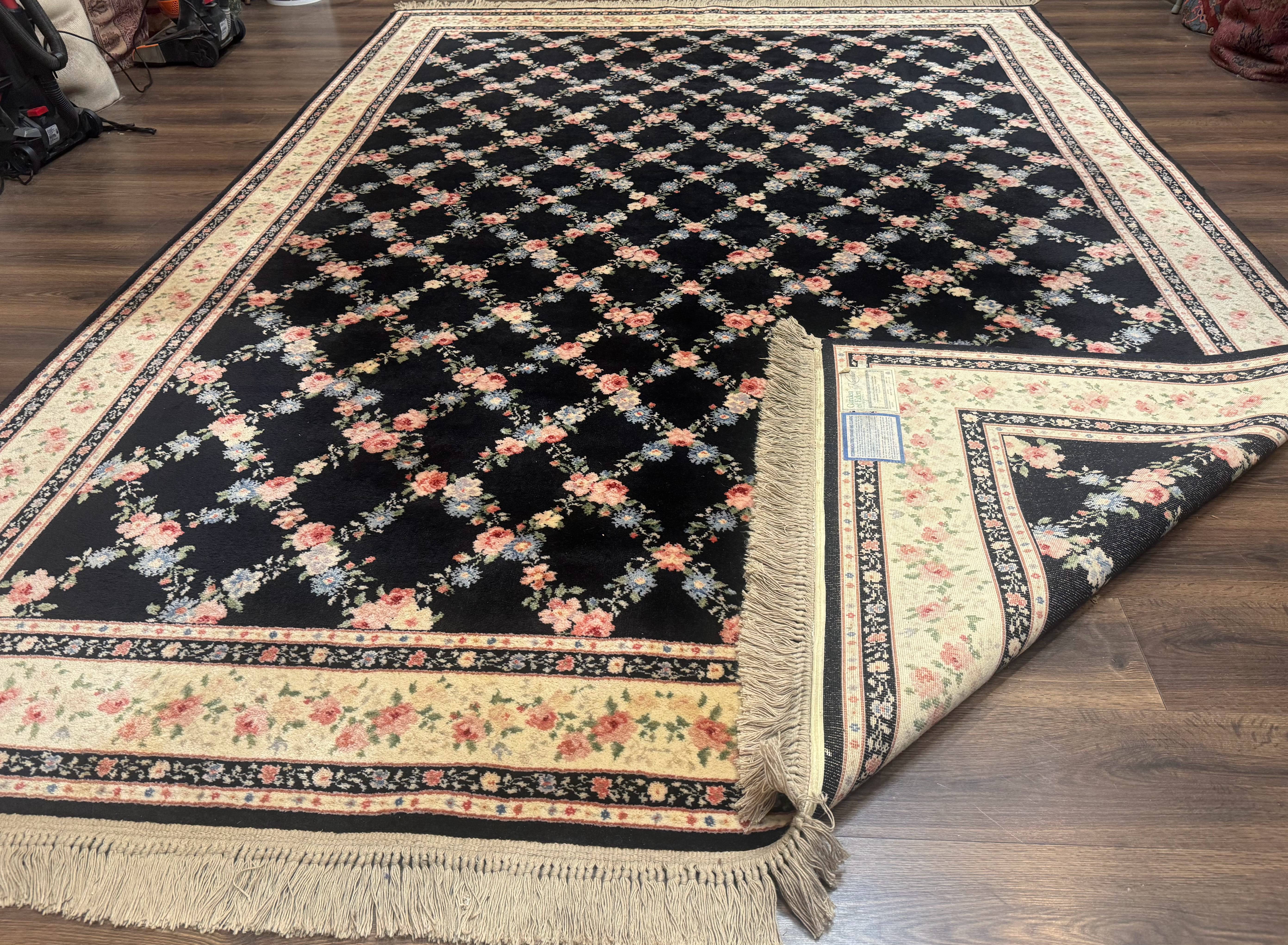 8.8 x 12 Karastan Garden of Eden Rug, Ebony Trellis #509/1270, Black, Floral, Wool Pile, Vintage, Discontinued