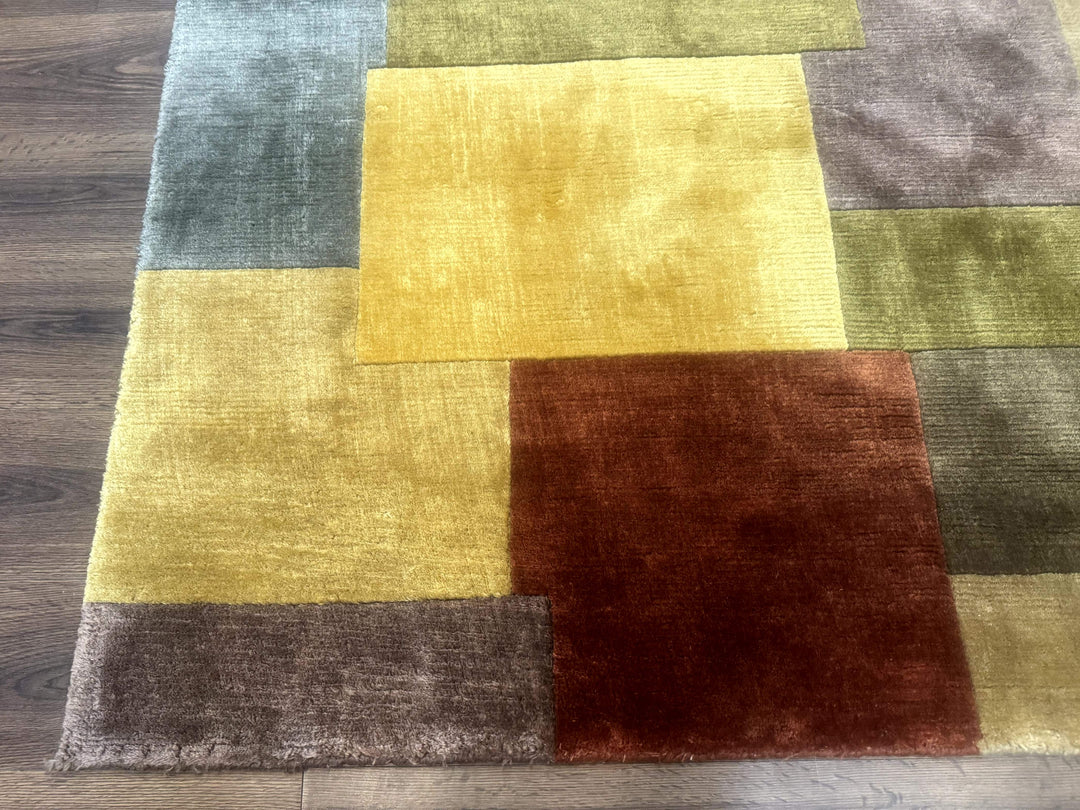 Modern Tibetan Wool Rug 8x10, Multicolor, Thick Pile, Contemporary, Nepali, Handmade
