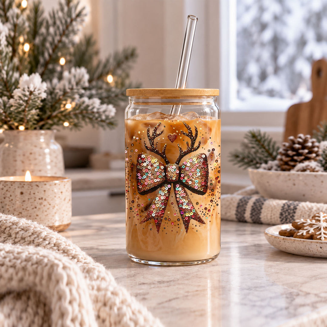 Sequin Bow Reindeer Antlers Glass Tumbler 17oz Christmas Great Gift for Friends