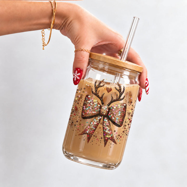Sequin Bow Reindeer Antlers Glass Tumbler 17oz Christmas Great Gift for Friends