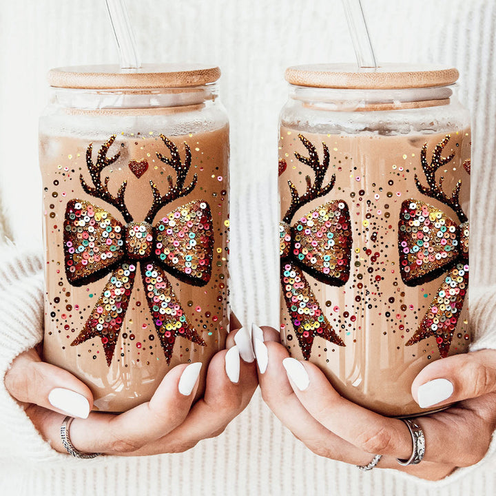 Sequin Bow Reindeer Antlers Glass Tumbler 17oz Christmas Great Gift for Friends
