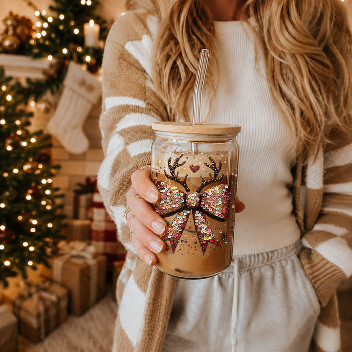 Sequin Bow Reindeer Antlers Glass Tumbler 17oz Christmas Great Gift for Friends