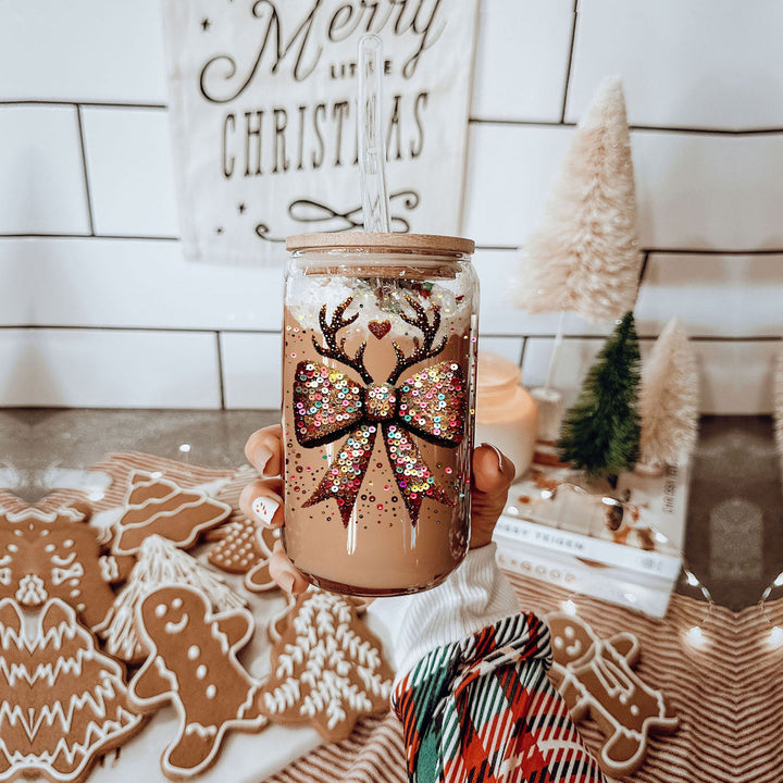 Sequin Bow Reindeer Antlers Glass Tumbler 17oz Christmas Great Gift for Friends