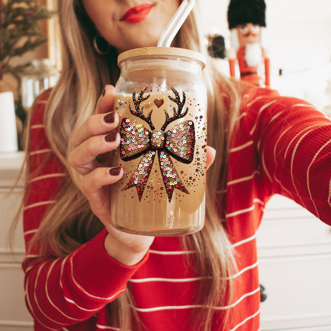 Sequin Bow Reindeer Antlers Glass Tumbler 17oz Christmas Great Gift for Friends