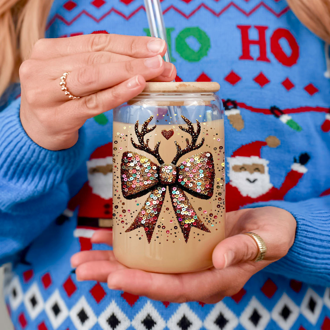 Sequin Bow Reindeer Antlers Glass Tumbler 17oz Christmas Great Gift for Friends