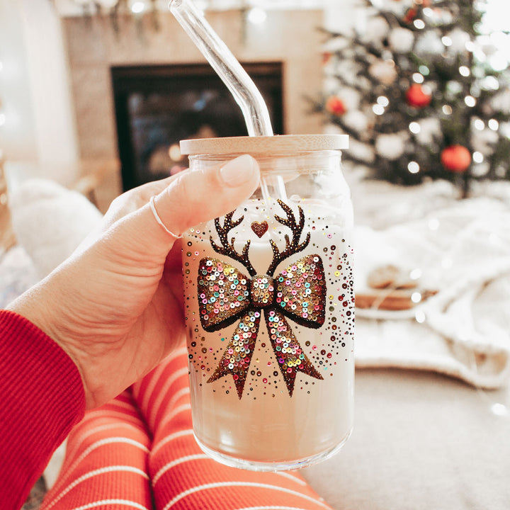 Sequin Bow Reindeer Antlers Glass Tumbler 17oz Christmas Great Gift for Friends
