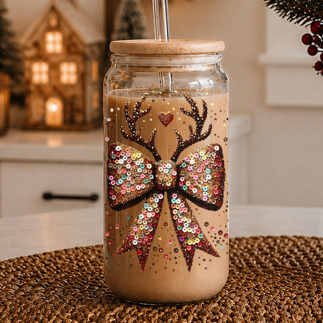 Sequin Bow Reindeer Antlers Glass Tumbler 17oz Christmas Great Gift for Friends