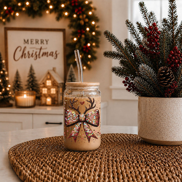 Sequin Bow Reindeer Antlers Glass Tumbler 17oz Christmas Great Gift for Friends