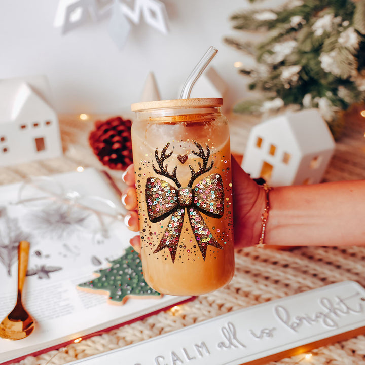 Sequin Bow Reindeer Antlers Glass Tumbler 17oz Christmas Great Gift for Friends
