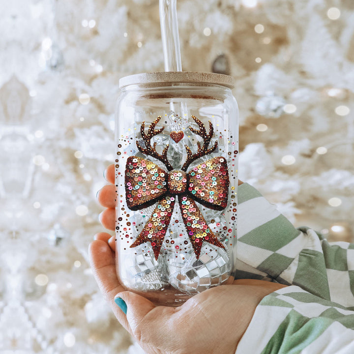 Sequin Bow Reindeer Antlers Glass Tumbler 17oz Christmas Great Gift for Friends