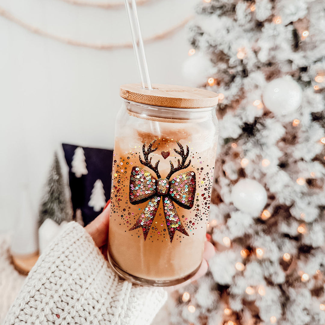 Sequin Bow Reindeer Antlers Glass Tumbler 17oz Christmas Great Gift for Friends