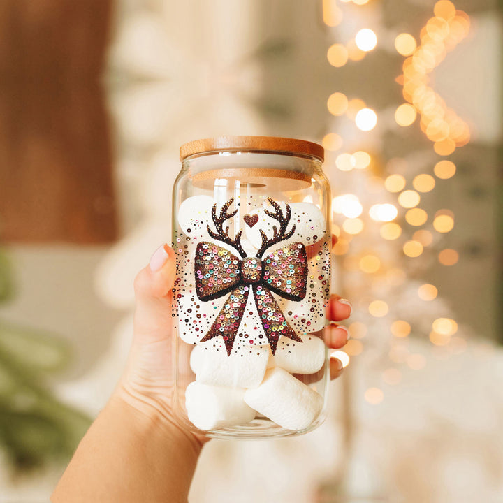 Sequin Bow Reindeer Antlers Glass Tumbler 17oz Christmas Great Gift for Friends