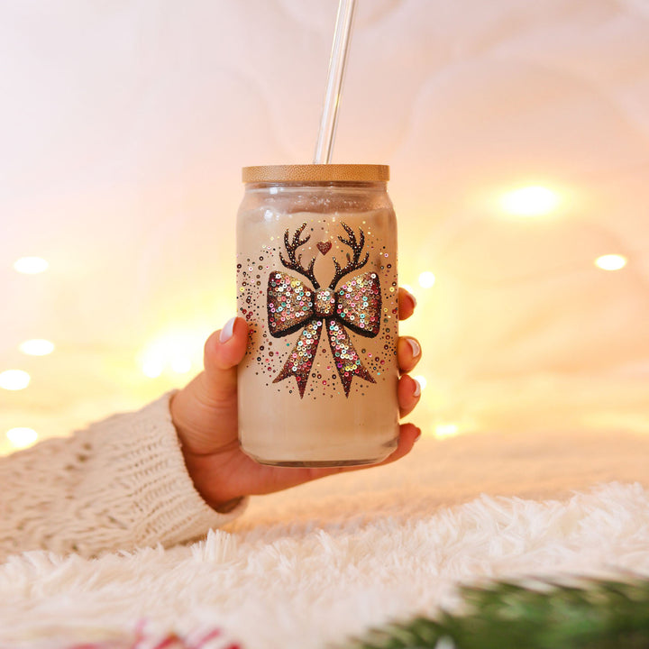 Sequin Bow Reindeer Antlers Glass Tumbler 17oz Christmas Great Gift for Friends