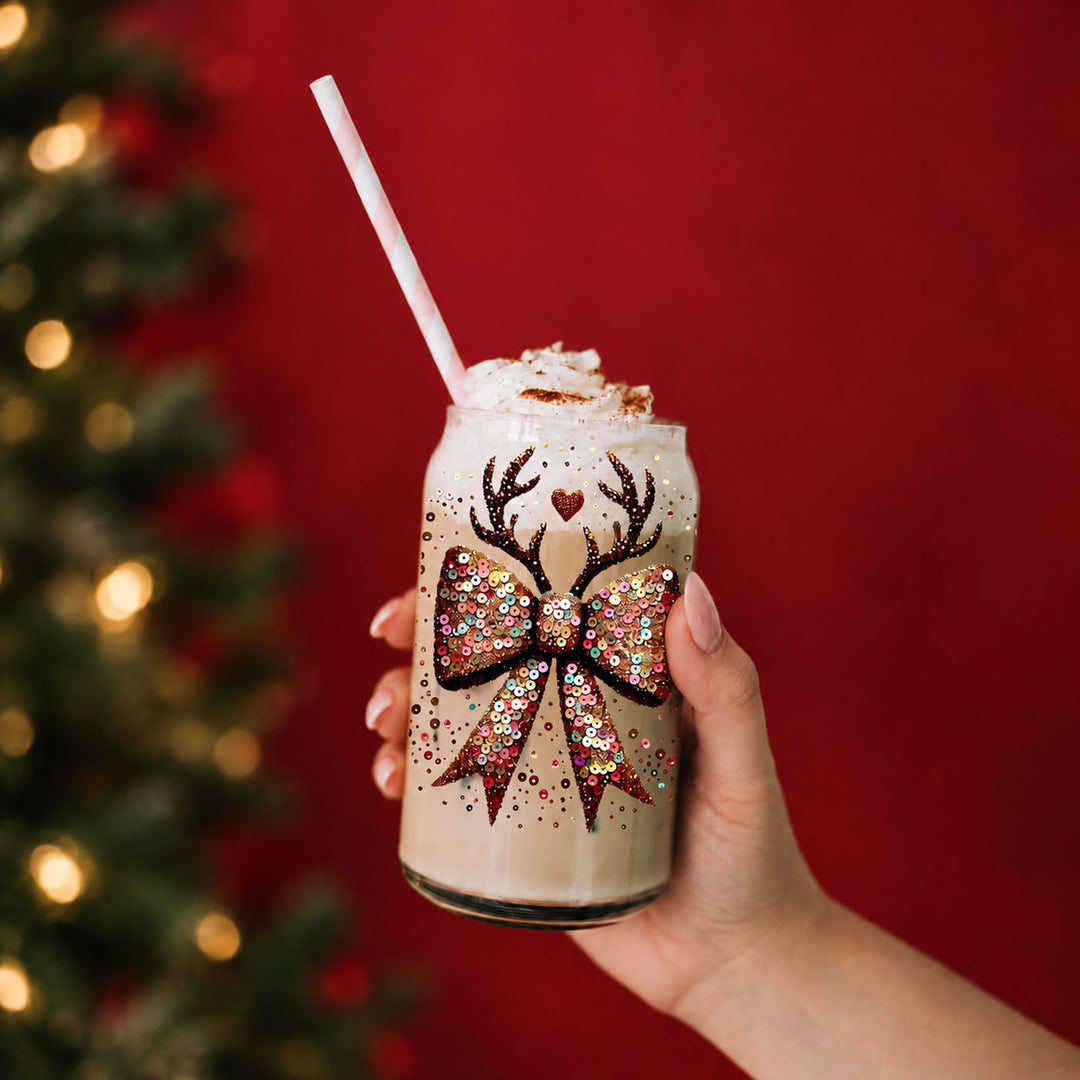 Sequin Bow Reindeer Antlers Glass Tumbler 17oz Christmas Great Gift for Friends