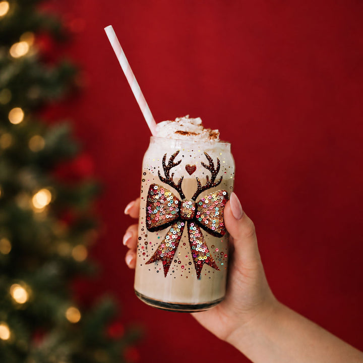 Sequin Bow Reindeer Antlers Glass Tumbler 17oz Christmas Great Gift for Friends