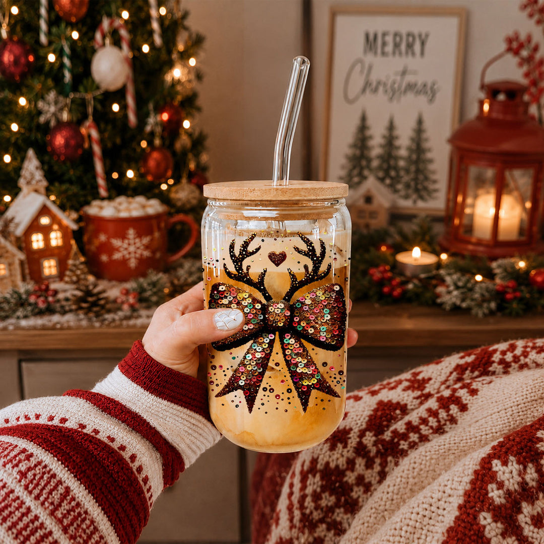 Sequin Bow Reindeer Antlers Glass Tumbler 17oz Christmas Great Gift for Friends