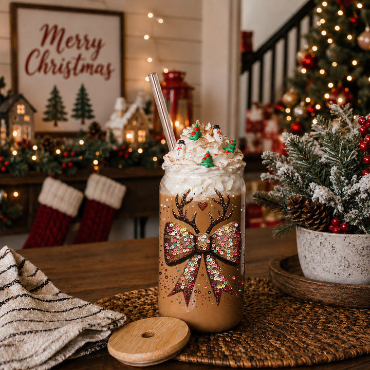 Sequin Bow Reindeer Antlers Glass Tumbler 17oz Christmas Great Gift for Friends