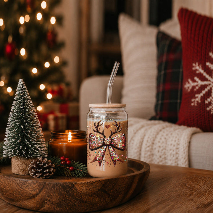 Sequin Bow Reindeer Antlers Glass Tumbler 17oz Christmas Great Gift for Friends