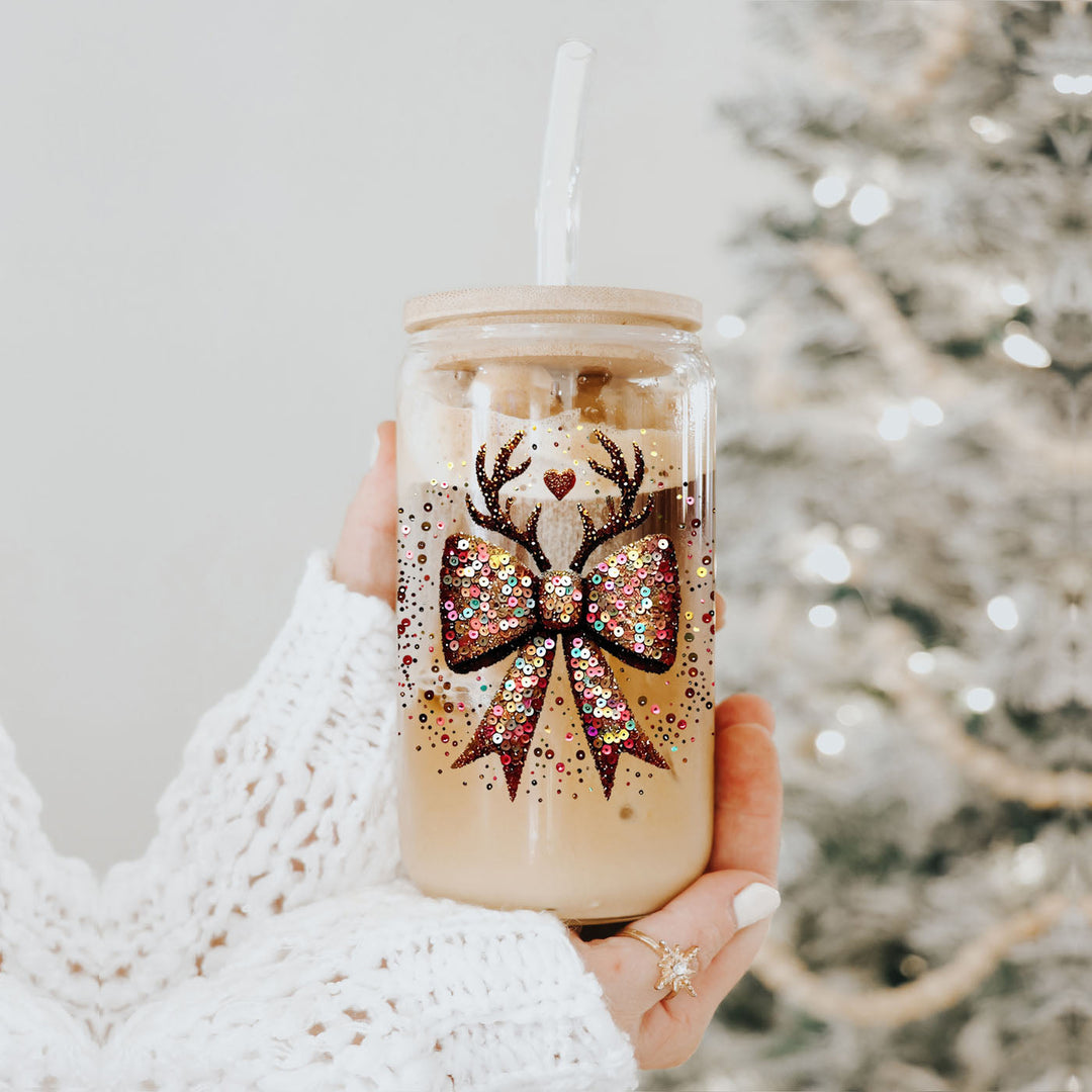 Sequin Bow Reindeer Antlers Glass Tumbler 17oz Christmas Great Gift for Friends