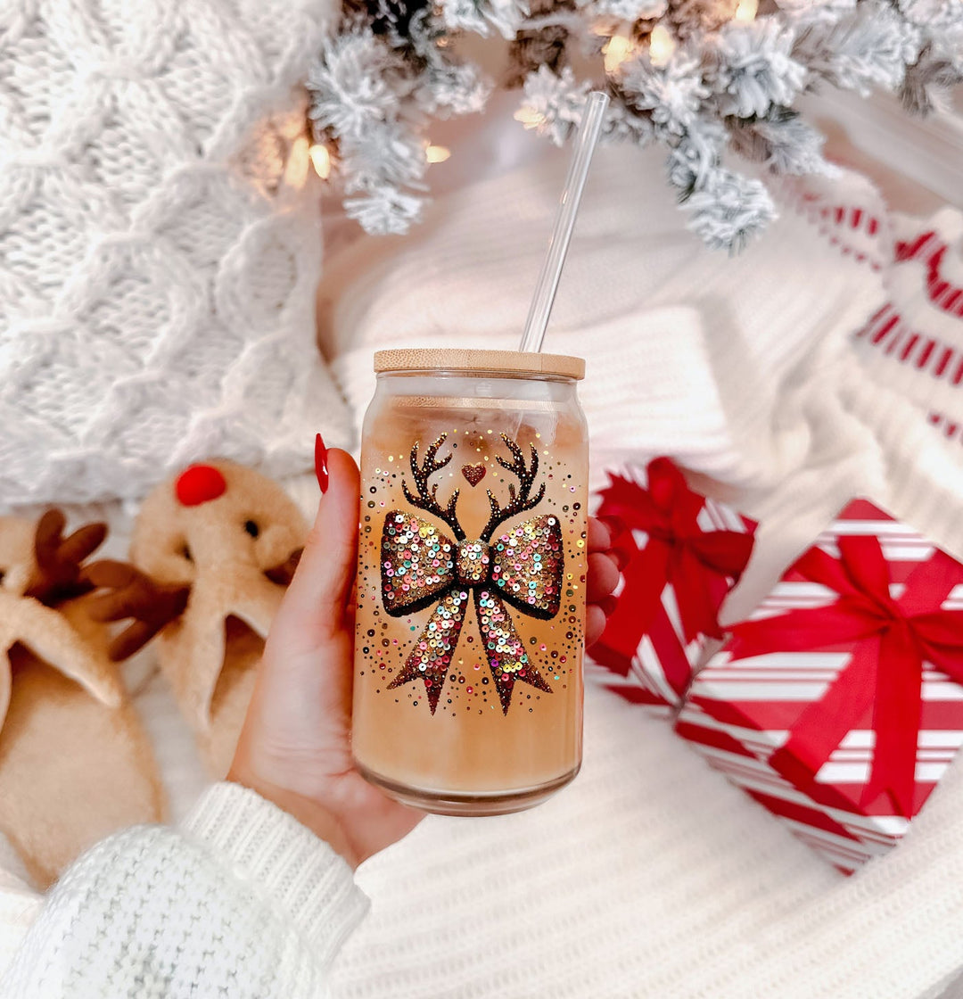 Sequin Bow Reindeer Antlers Glass Tumbler 17oz Christmas Great Gift for Friends