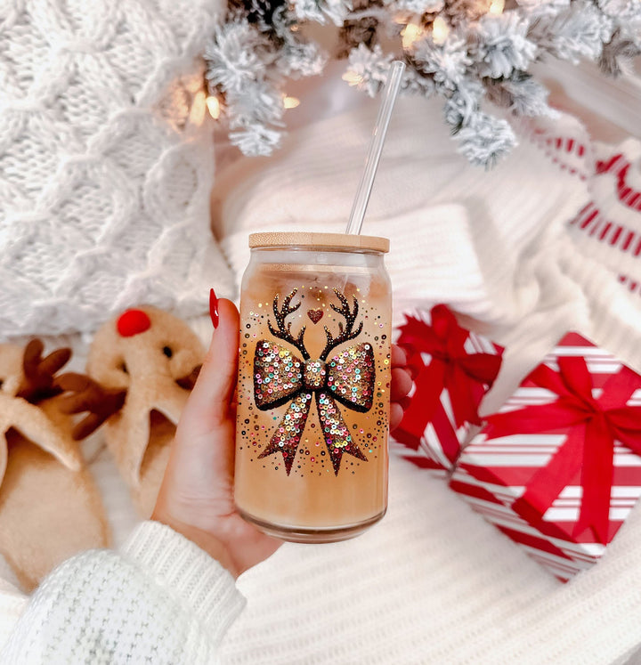 Sequin Bow Reindeer Antlers Glass Tumbler 17oz Christmas Great Gift for Friends