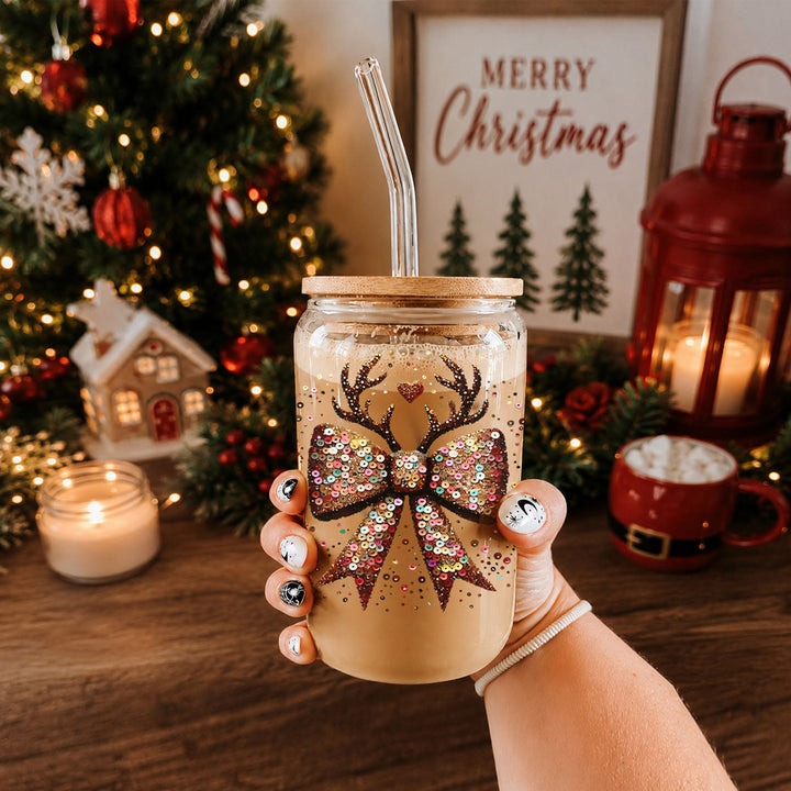 Sequin Bow Reindeer Antlers Glass Tumbler 17oz Christmas Great Gift for Friends