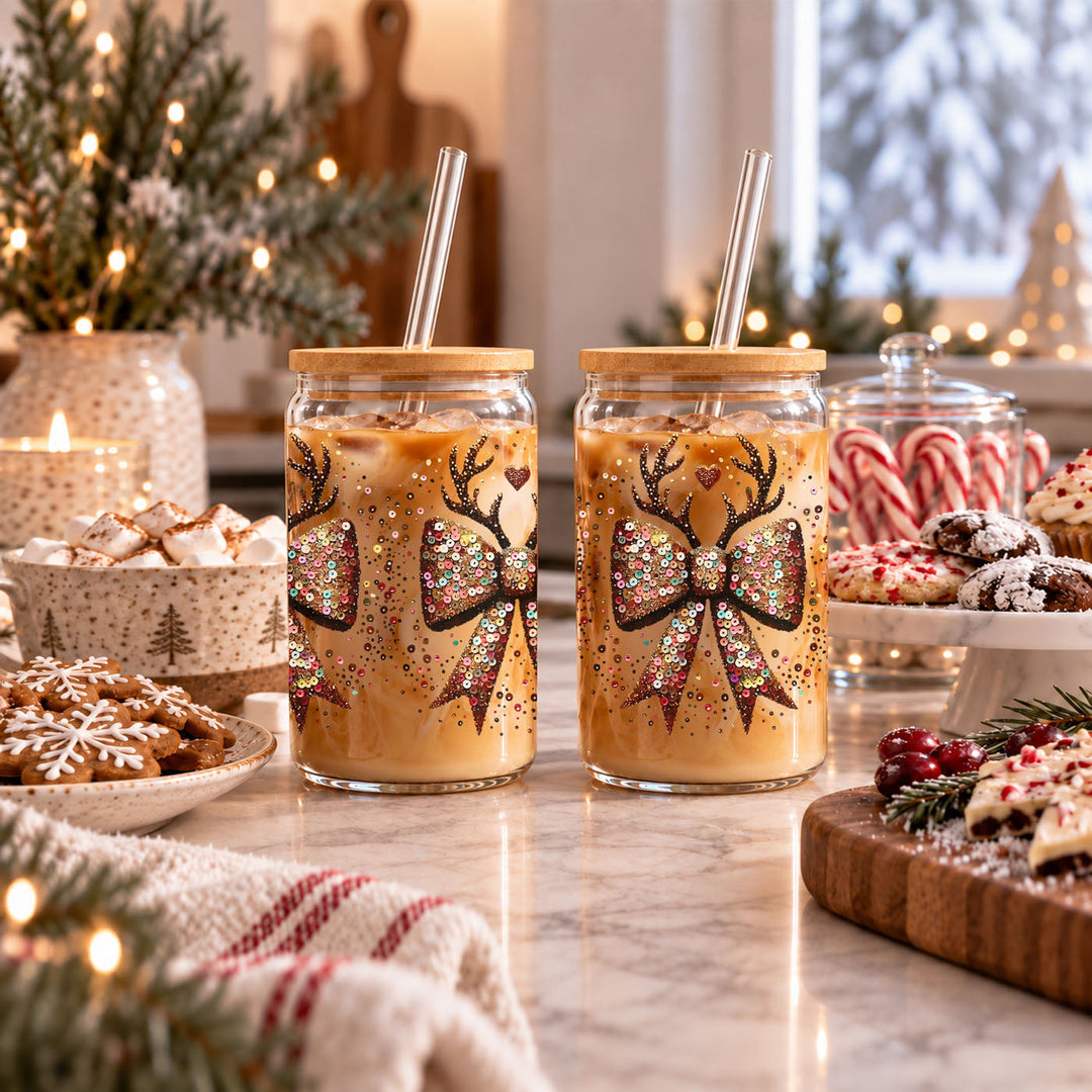 Sequin Bow Reindeer Antlers Glass Tumbler 17oz Christmas Great Gift for Friends