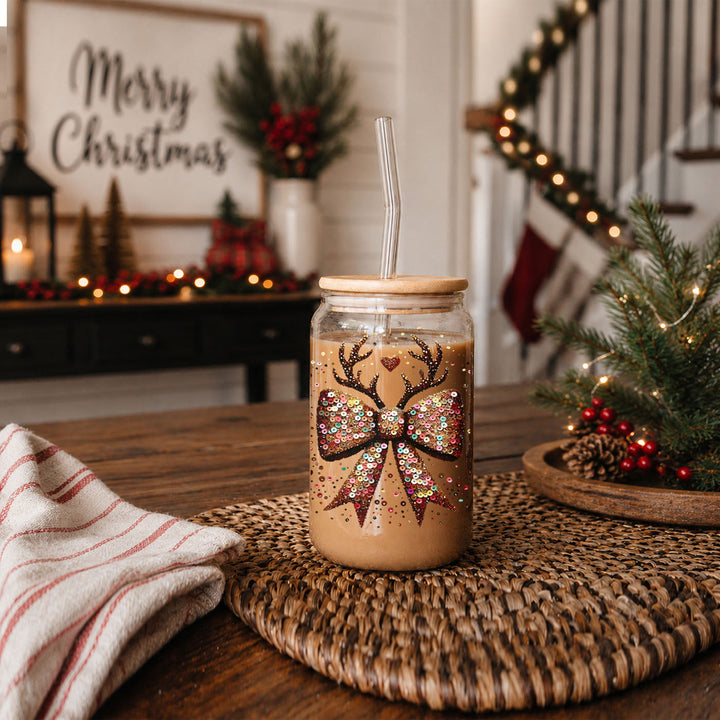 Sequin Bow Reindeer Antlers Glass Tumbler 17oz Christmas Great Gift for Friends
