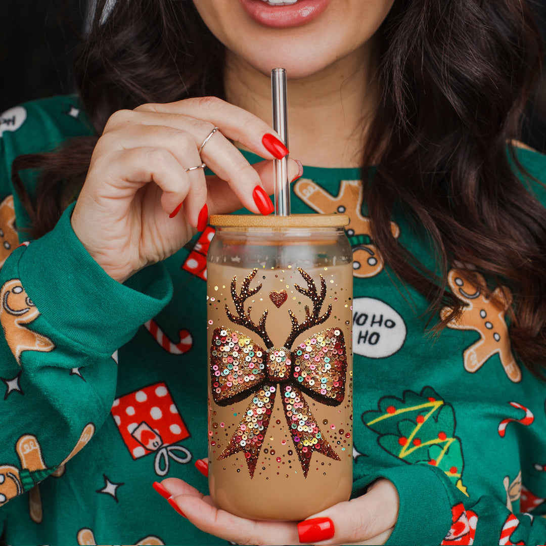 Sequin Bow Reindeer Antlers Glass Tumbler 17oz Christmas Great Gift for Friends
