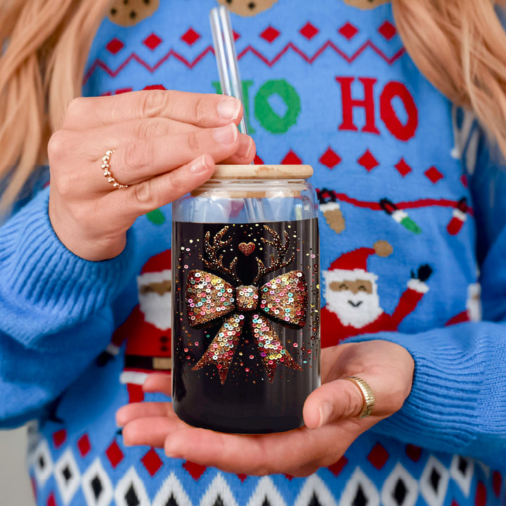 Sequin Bow Reindeer Antlers Glass Tumbler 17oz Christmas Great Gift for Friends