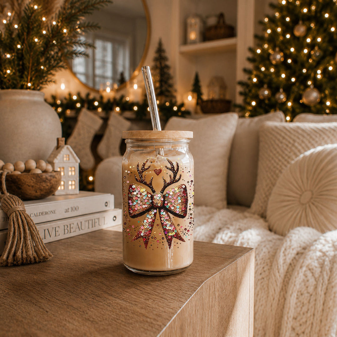 Sequin Bow Reindeer Antlers Glass Tumbler 17oz Christmas Great Gift for Friends