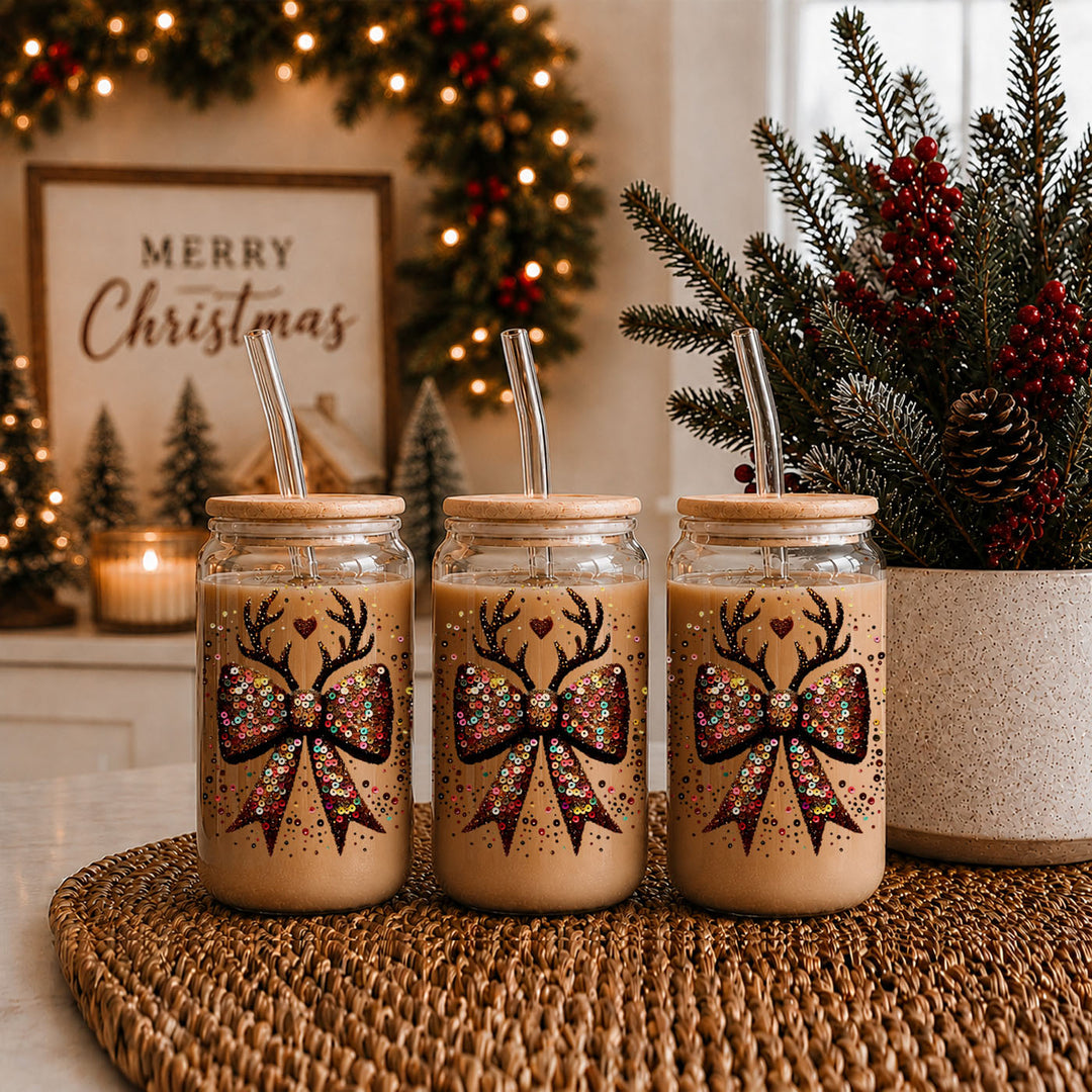 Sequin Bow Reindeer Antlers Glass Tumbler 17oz Christmas Great Gift for Friends