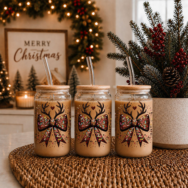 Sequin Bow Reindeer Antlers Glass Tumbler 17oz Christmas Great Gift for Friends