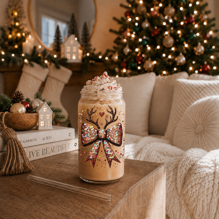 Sequin Bow Reindeer Antlers Glass Tumbler 17oz Christmas Great Gift for Friends