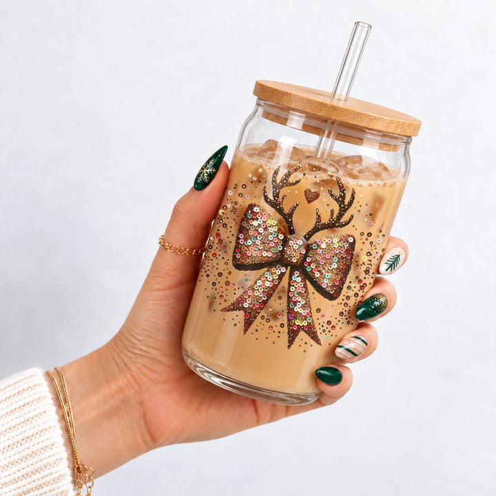 Sequin Bow Reindeer Antlers Glass Tumbler 17oz Christmas Great Gift for Friends